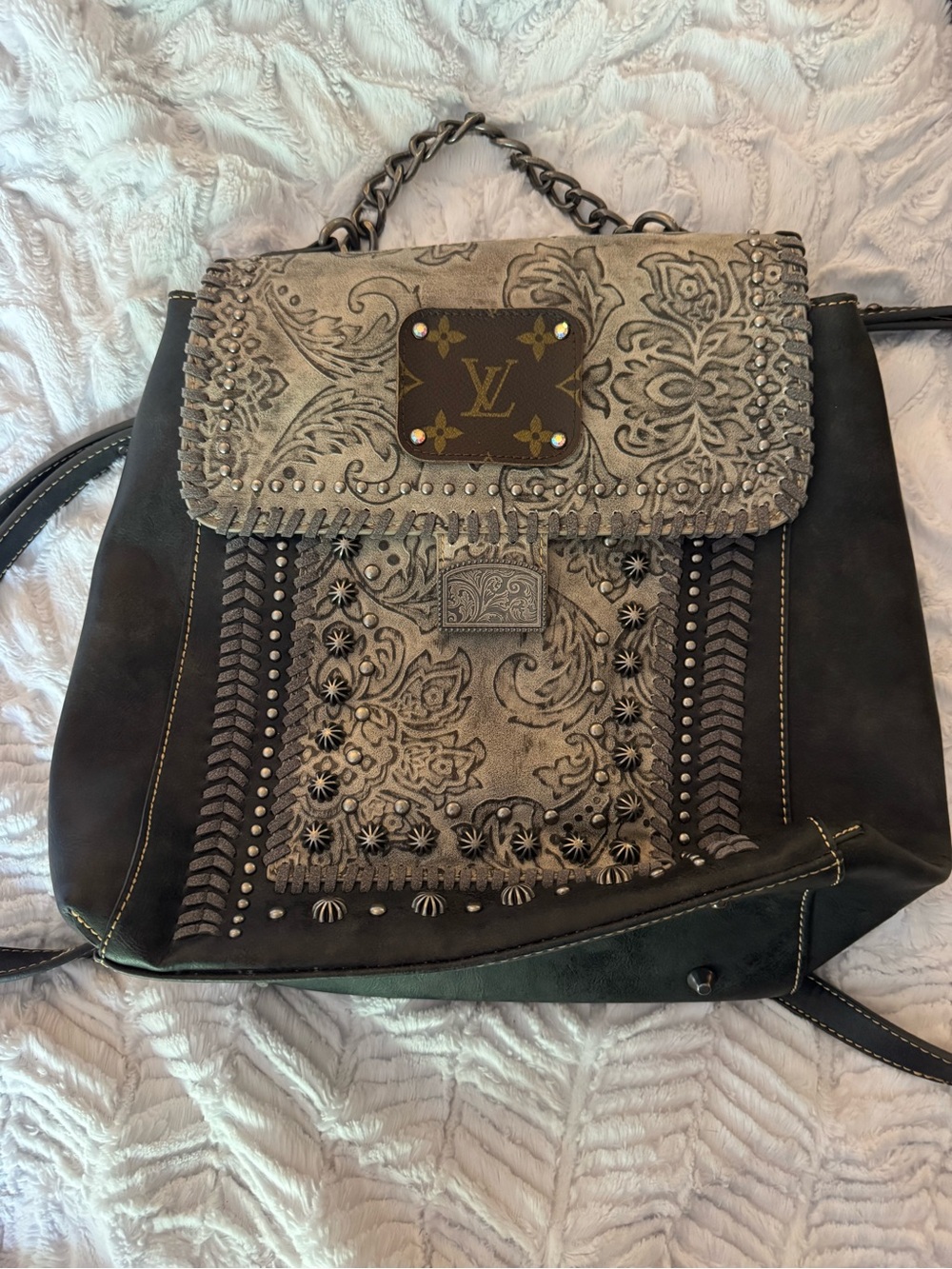 Luxury Embroidered Leather Backpack - LV Accent, Brown and Gray